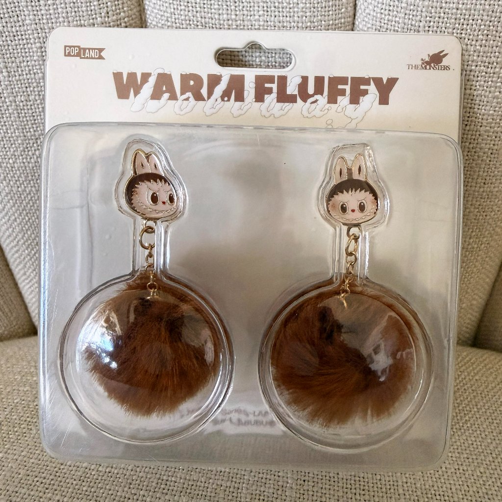 Nib Pop Land Warm Fluffy Holiday Labubu Pompom Earrings Brown New The Monsters